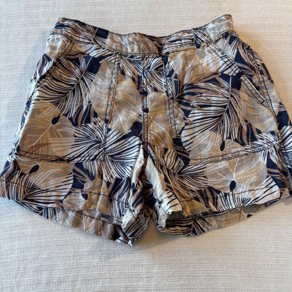 C&C California Womens Small Linen Tropical Palm Leaf Short Navy Tan Elastic Back